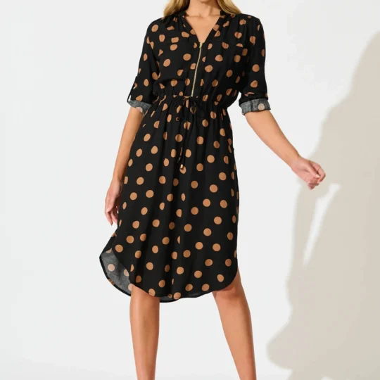 Rival Zip Dress in Black with Brown Spot