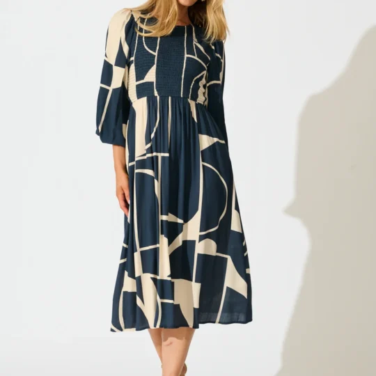 Calissa Midi Dress in Navy Linen Blend