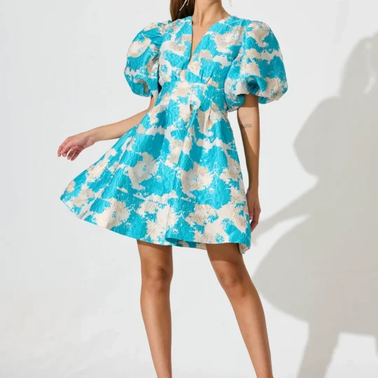 Paris Dream Dress – Gold Aqua Jacquard